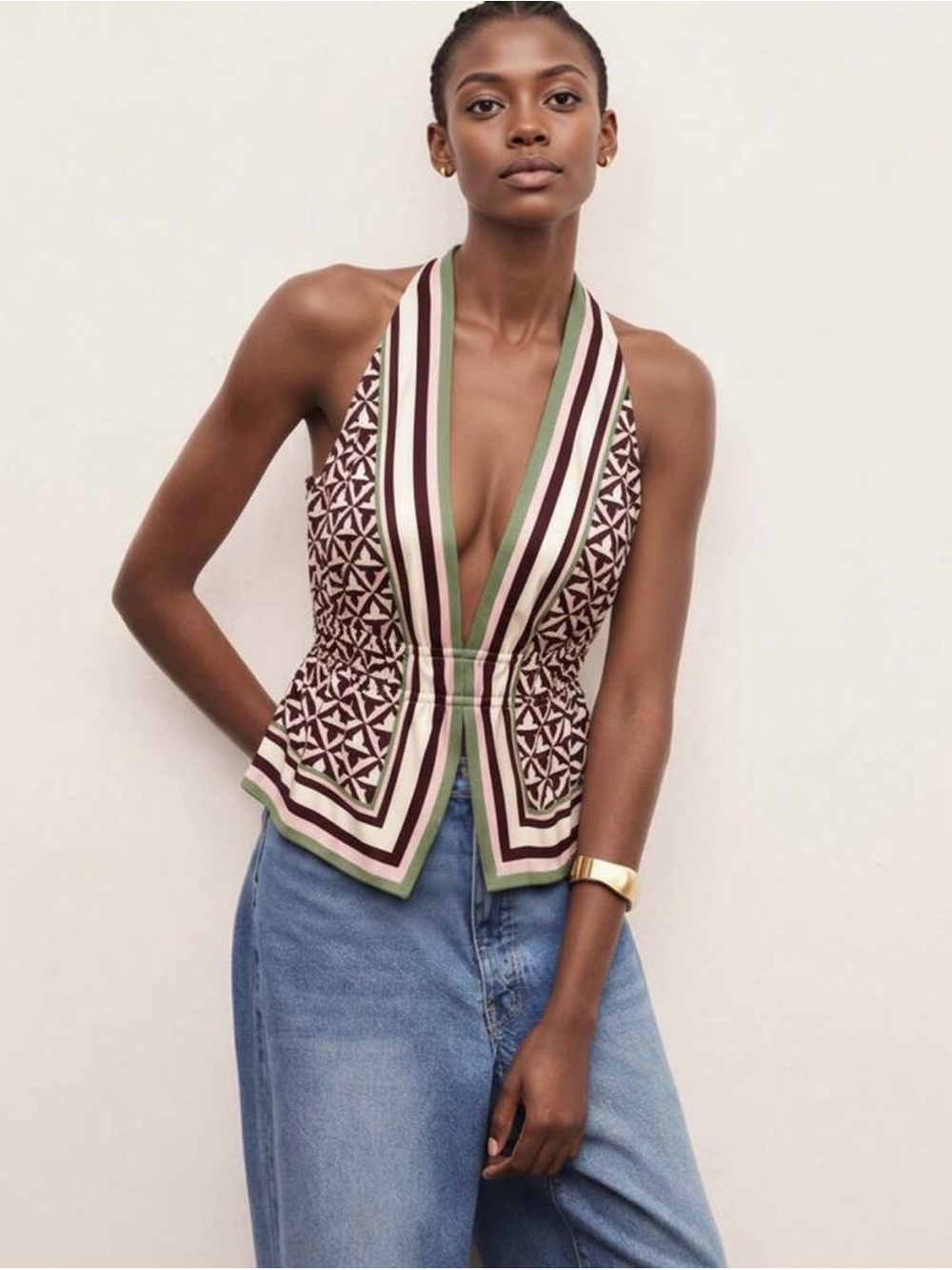 CAJUNI Women's Geometric Stripe Print Deep V-Neck Sexy Halter Top